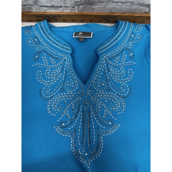 JM Collection Embellished V Neckline Popover Top 3/4-Sleeve Turquoise Size L - Picture 4 of 12